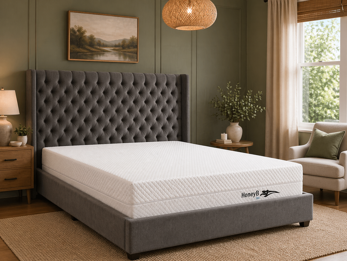 Ice double-sided foam mattress with cool-touch fabric, presented in a bright, modern bedroom at the furniture store ni kildress