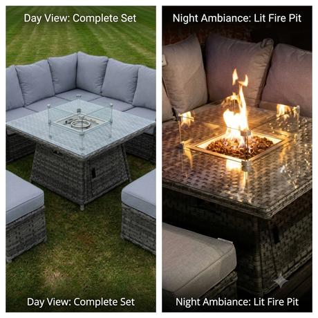 A split-panel product image showing an outdoor patio furniture set. The left panel is labeled 'Day View: Complete Set' and shows a gray wicker sectional sofa with light gray cushions and a glass-top fire pit table on grass.