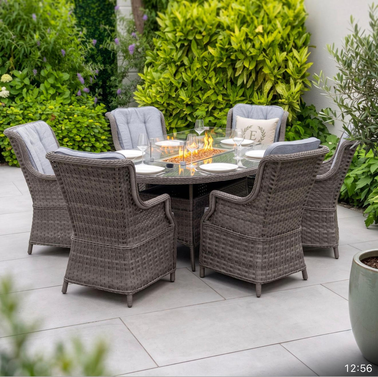 Amalfi High Back 6 Seat Oval Dining Firepit Set in Grey