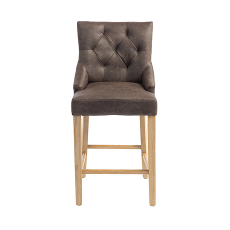 Jenna bar stool featuring rich Nutmeg PU leather seating, soft natural chenille upholstery detailing, and sturdy wooden legs at the furniture store ni