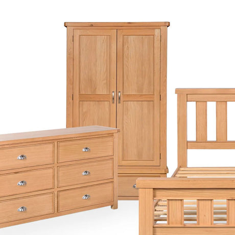 Wooden wardrobe, dresser, and chair set on a white background furniture store ni