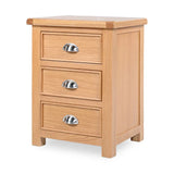 Wooden nightstand with three drawers and silver handles on a white background