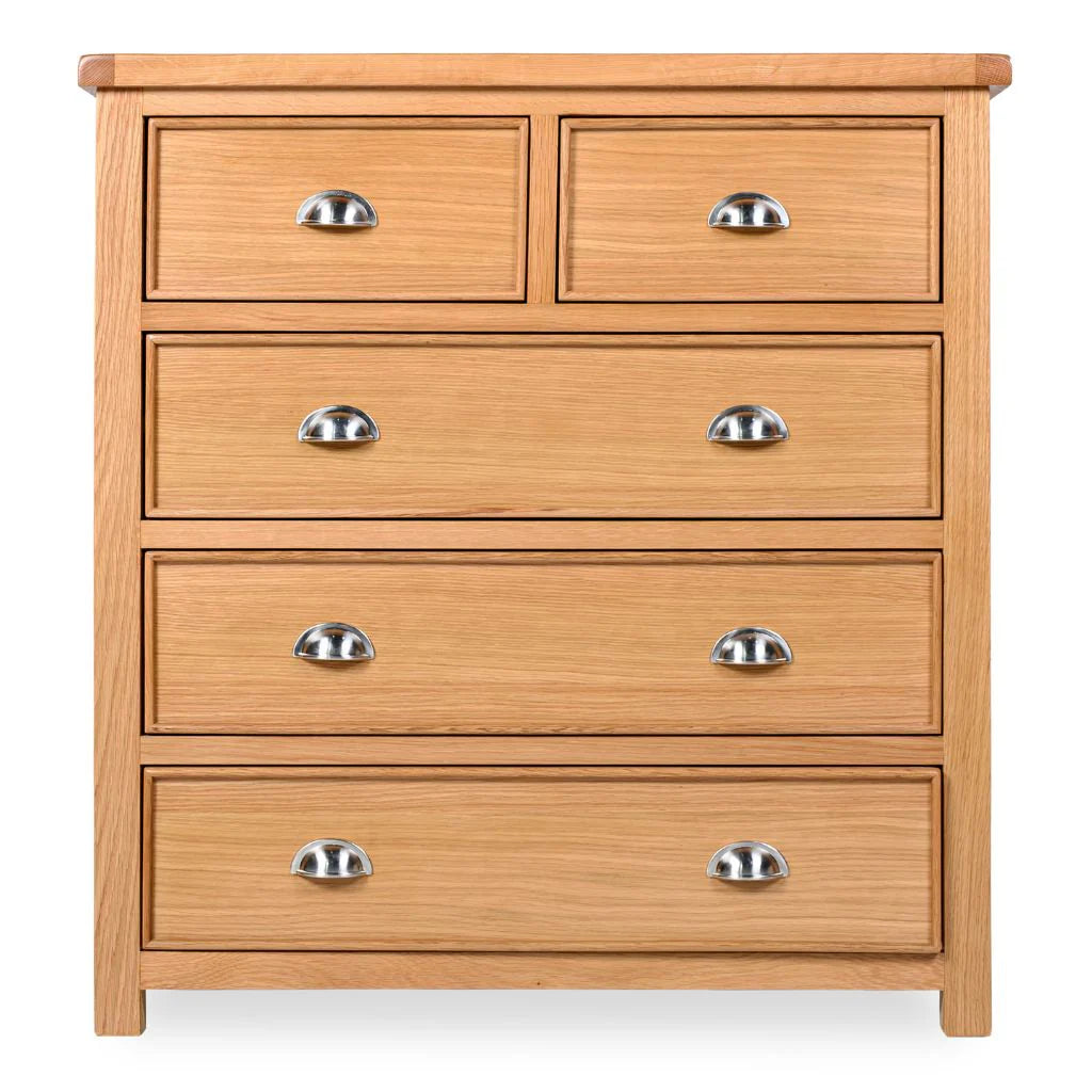 Newbury Wooden dresser with five drawers and metal handles on a white background