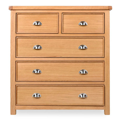 Newbury Wooden dresser with five drawers and metal handles on a white background