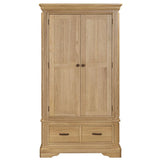 furniture store ni Oslo 2-door wardrobe in a light oak finish, featuring a thick tiered-top, robust plinth base, and contemporary hardware in a stylish bedroom setting.