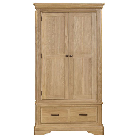 furniture store ni Oslo 2-door wardrobe in a light oak finish, featuring a thick tiered-top, robust plinth base, and contemporary hardware in a stylish bedroom setting.