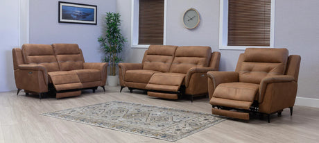 Pachino saddle reclining sofa set in a room with a rug and decor at the furniture store ni