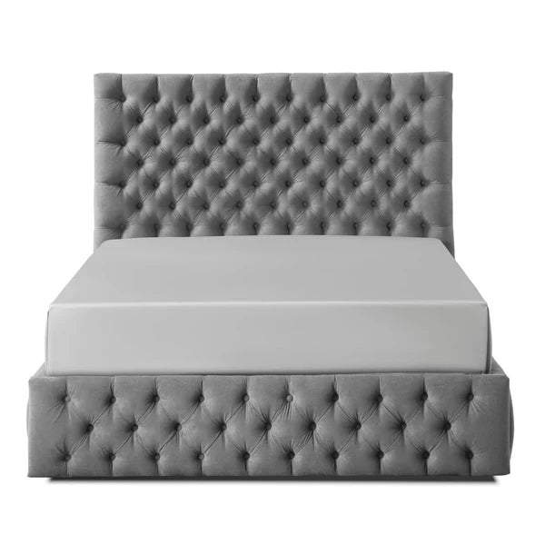 Luxurious Rosa Grey button-tufted bedframe styled in a sophisticated modern bedroom furniture store ni