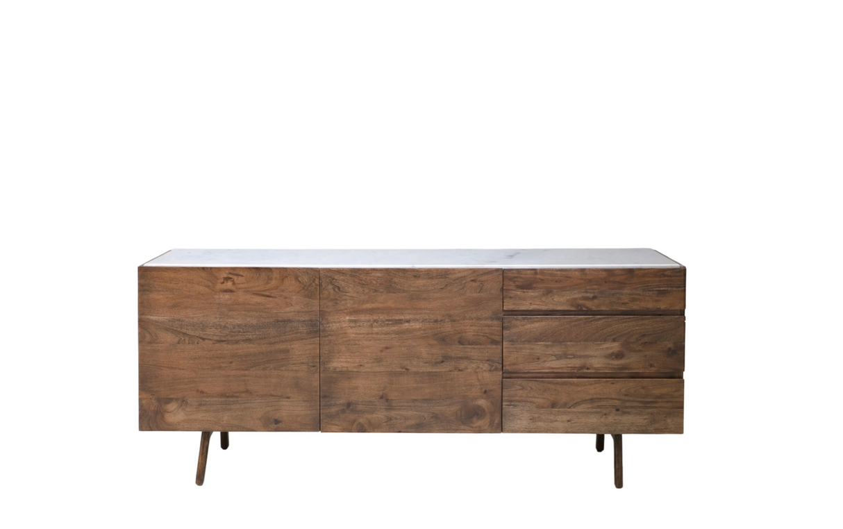 Barcelona contemporary 2-door 3-drawer sideboard featuring an iconic inlaid white marble top and a sleek, modern under-frame at the furniture store ni