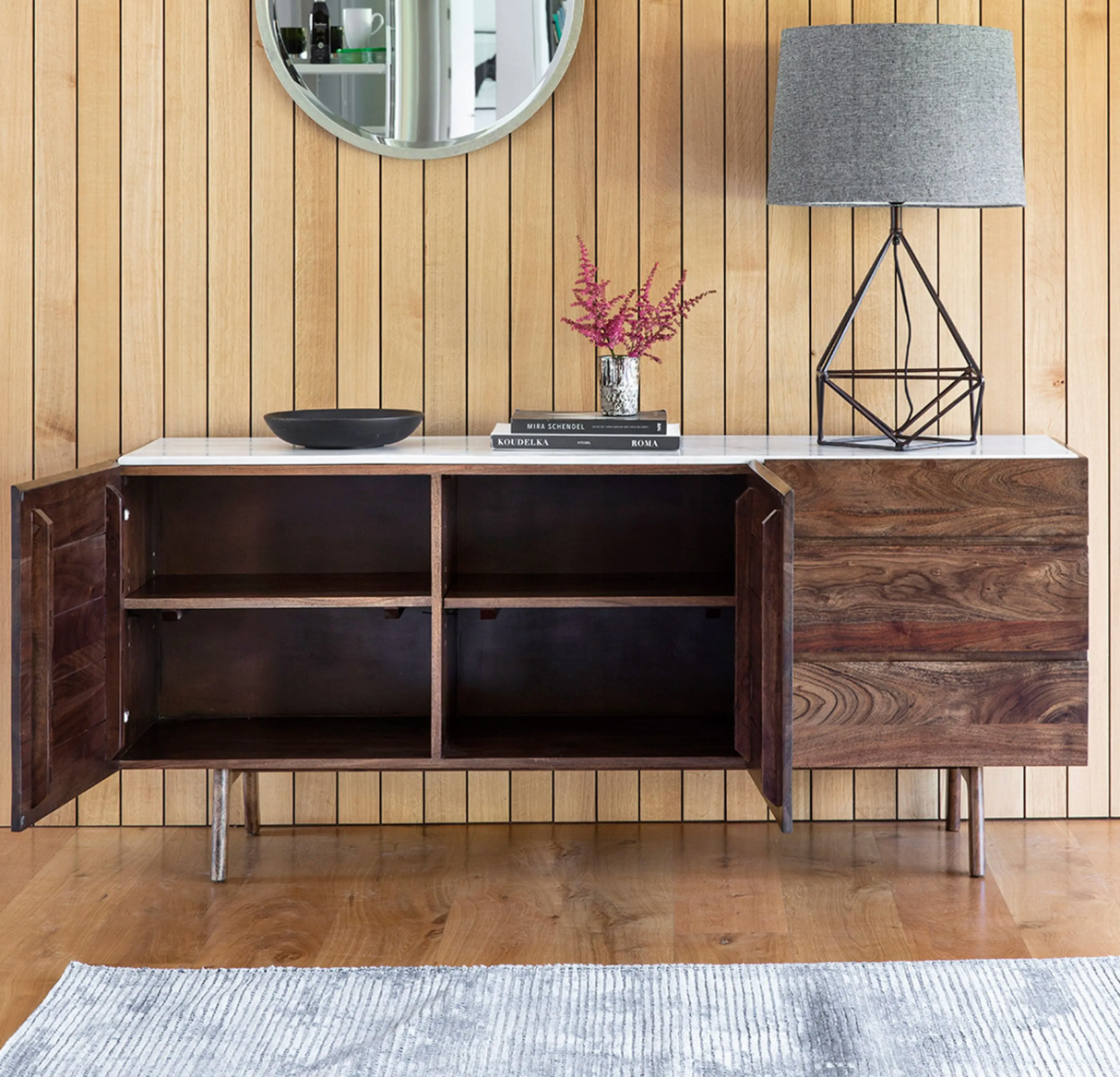 Barcelona contemporary 2-door 3-drawer sideboard featuring an iconic inlaid white marble top and a sleek, modern under-frame at the furniture store ni