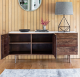 Barcelona contemporary 2-door 3-drawer sideboard featuring an iconic inlaid white marble top and a sleek, modern under-frame at the furniture store ni