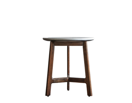 Barcelona contemporary side table with a square white marble top and a sleek mid-century modern architectural frame at the furniture store ni