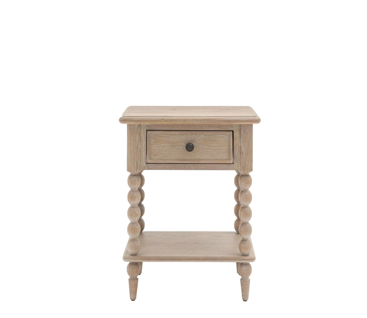 Wooden side table with a drawer on a white background