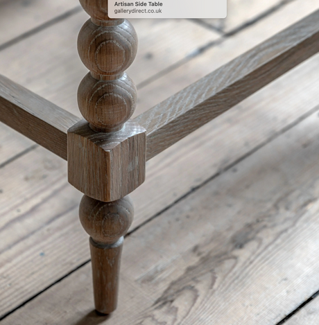 Close-up of a wooden side table leg on a wooden floor at the furniture store ni