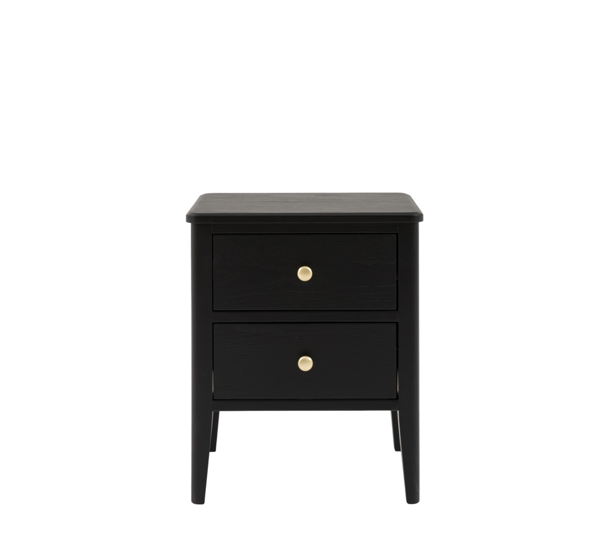 Black two-drawer nightstand with brass knobs on a white background at the furniture store ni