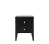 Black two-drawer nightstand with brass knobs on a white background at the furniture store ni