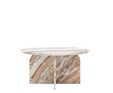 Round natural Amalfi marble table with a beige and brown pattern on a white background
