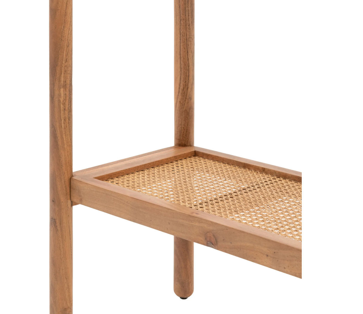 Cannes console table showcasing its rich, grain-filled acacia wood frame, slim entryway profile, and woven rattan lower storage shelf close up at the furniture store ni