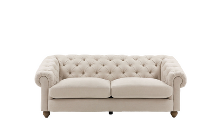Modern 3-seater Chesterfield sofa showcasing its deep-buttoned back, elegant scrolled arms, and gracefully contoured silhouette sitting on solid ash legs.
