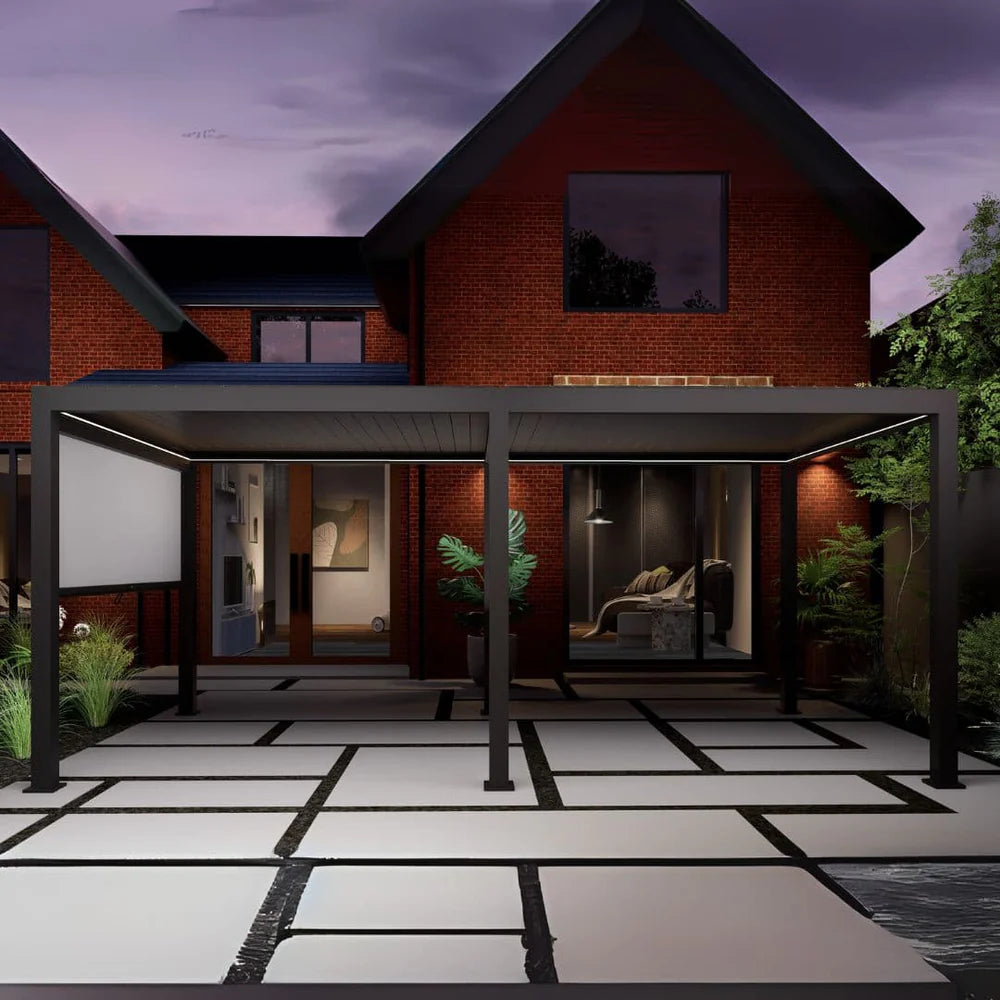 ZEUS 3X6 ALUMINIUM PERGOLA WITH MOTORISED LOUVRES AND 6 ZIP BLINDS