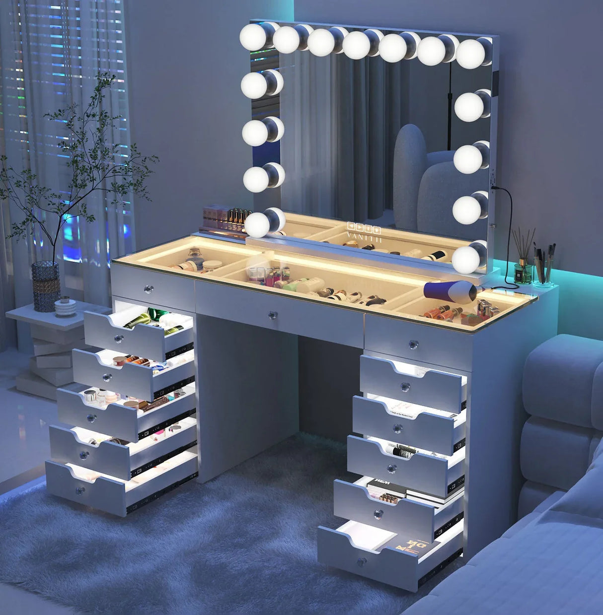 VANITII Eva Vanity Desk - 13 Storage Drawers with Full Light (doesn’t include mirror)