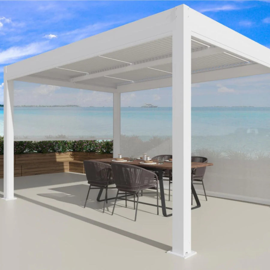 Zeus Motorised Pergola with Privacy Screens — White