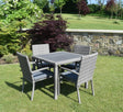 Naples 4-seater garden dining set with rattan armchairs, grey cushions, and a rustic wood-effect tabletop at the furniture store ni