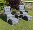 Sorrento bistro garden set including two rattan armchairs with grey cushions, matching stools, and a side table with a storage shelf at the furniture store ni