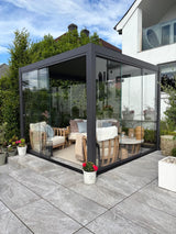 Titan Aluminium Pergola with Full Glass Enclosure | Graphite Grey Garden Room Pergola with Adjustable Louvre Roof
