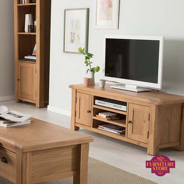 1600mm Solid Oak Breeze TV Unit comes with 2 drawers and shelving space and has 2 brass round handles.