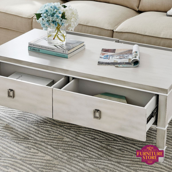 Carter Coffee Table - Metal Runners show the opening of the drawers
