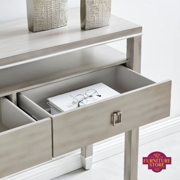 Carter Console Table - Grey - Showing how the drawers open and close on their metal runners.