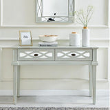 Modena console table featuring mirrored glass panels and an elegant repeating oval weave wood frame, perfect for a modern luxury entryway - Furniture Store NI