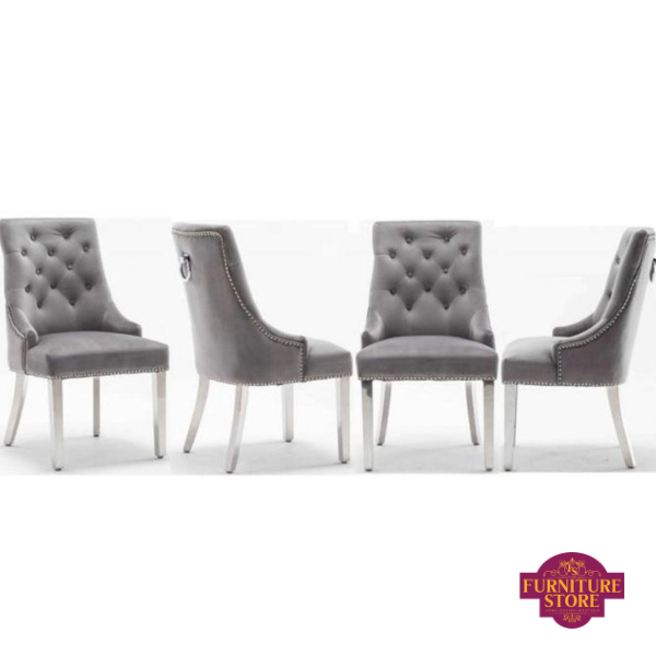 Grey Velvet Belvedere Dining Chair with knocker back can be viewed at all angles