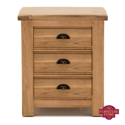 The 3 drawer breeze bedside locker comes in solid oak with half moon style brass handles.