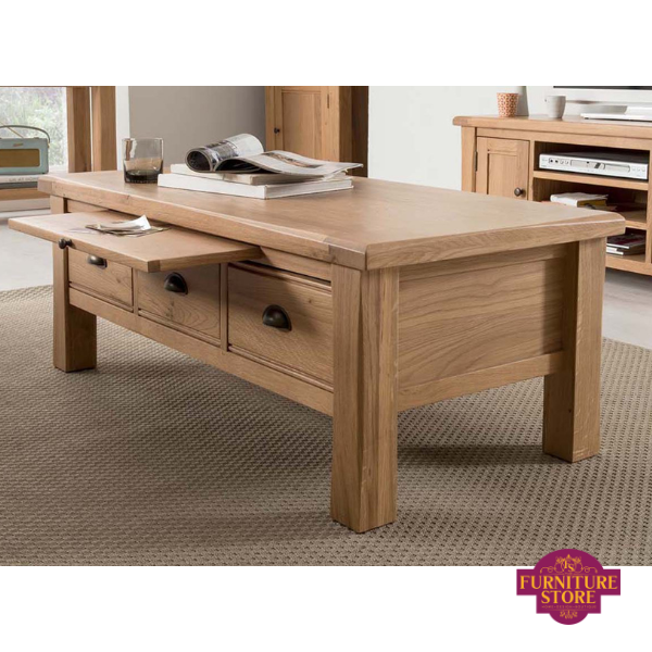 The solid oak coffee table from the breeze range,it has 3 drawers and shelf storage for extra display space.