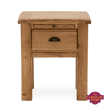 The 1 drawer Breeze lamp table comes with a shelf and drawer which has a half moon brass handles.