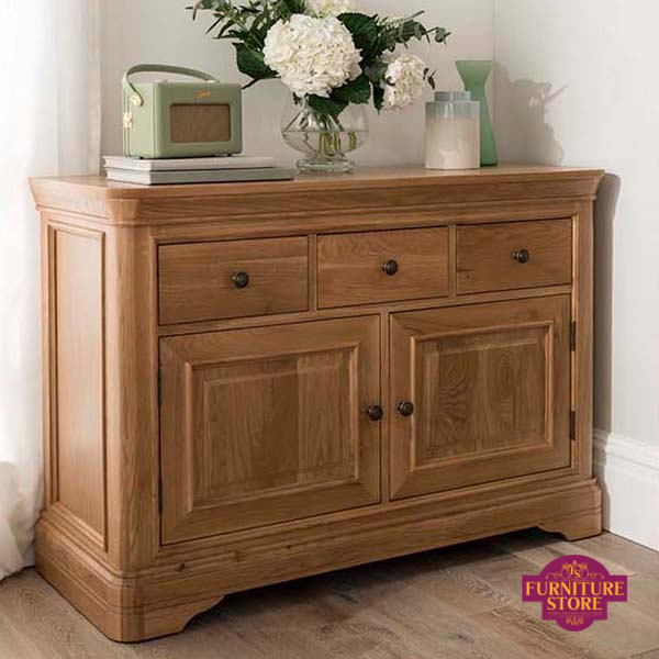Solid Oak Carmen Sideboard - 3 Drawers and 2 Doors with Brass Handles