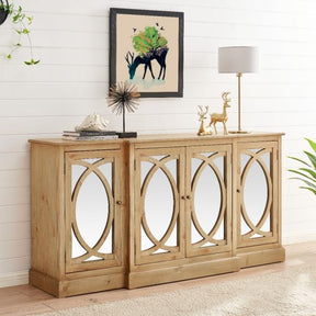 Elegant Parker sideboard with mirrored glass doors and a repeating oval weave wood frame in a bright, modern living room setting. Furniture Store NI
