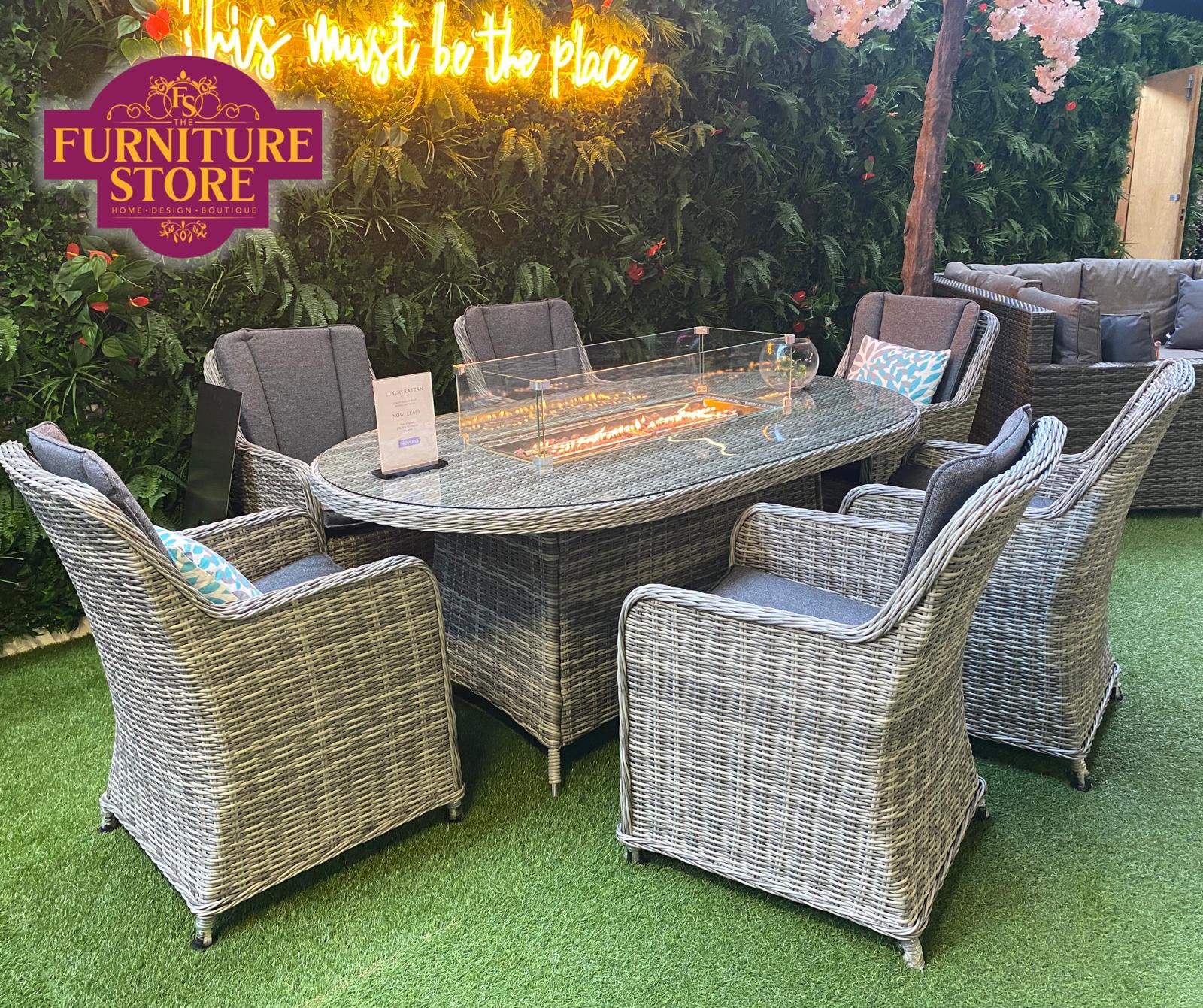 La Garda Rattan 6 Seat Dining Set with Oval Fire Pit Table Manila Chairs